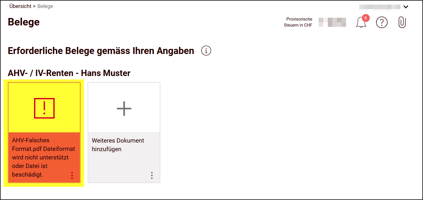 PDF - Falsches Dateiformat oder Datei ist zu gross – E-Tax BL